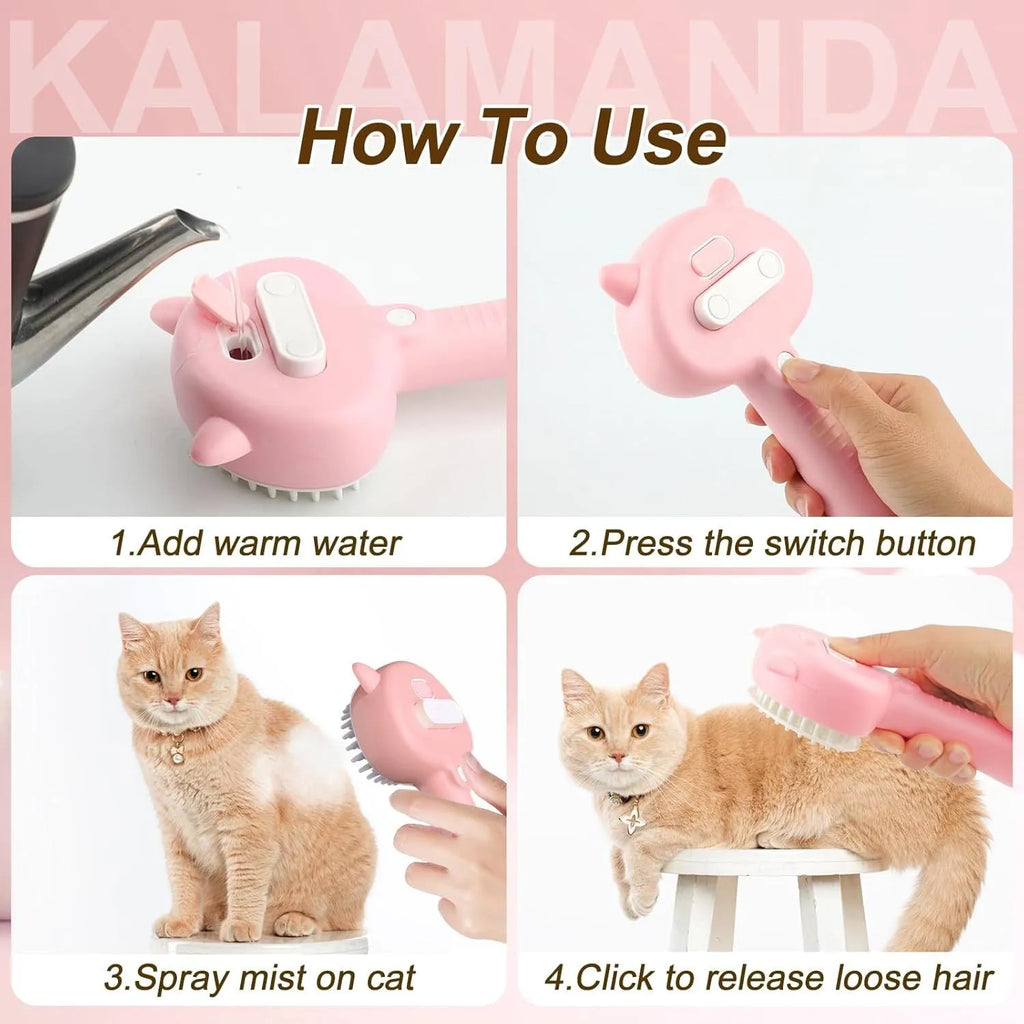 Cat steam brush with blue handle, rubber bristles, and one-click release button for pet grooming