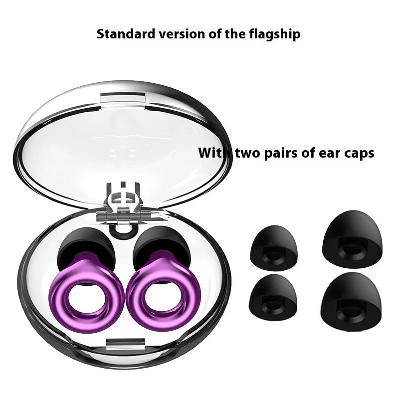Soft silicone noise reduction earplugs in five colours with storage box and spare ear caps