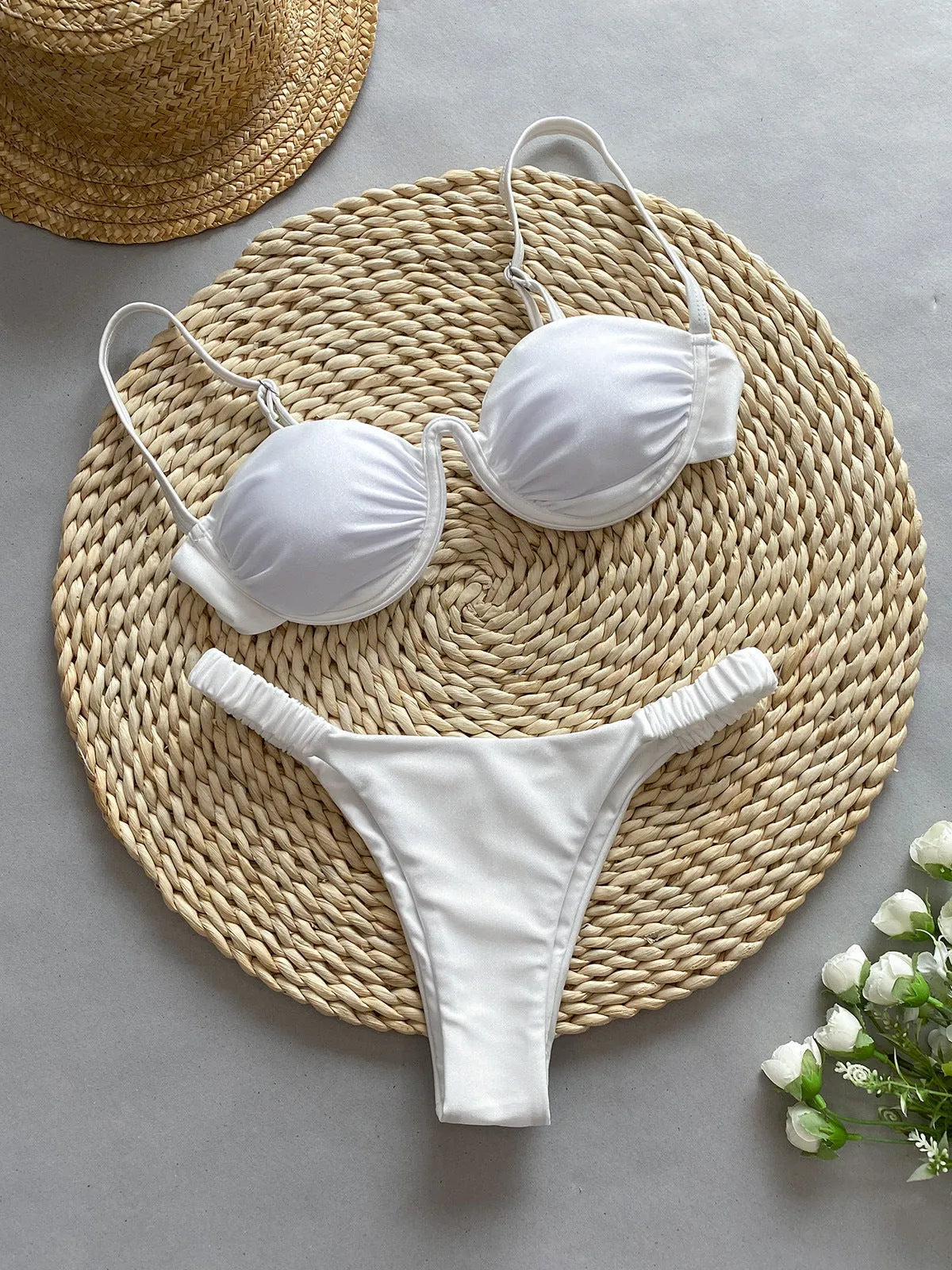 Women's underwire bikini swimsuit in khaki, white, or black with high elasticity nylon fabric for swimming and fitness.