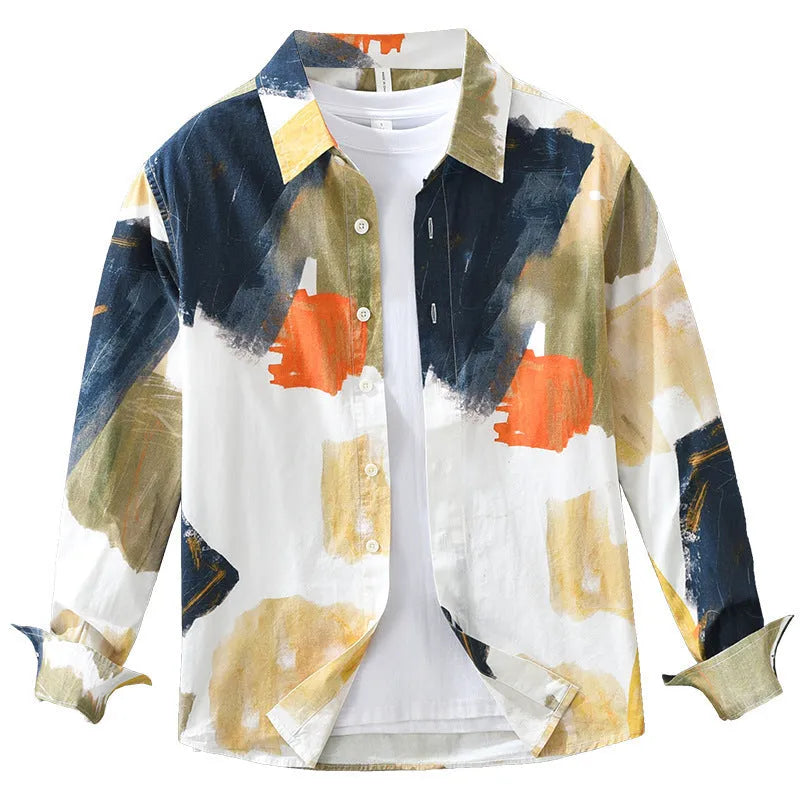 Women's cotton loose top cardigan with printed artistic design and long sleeves