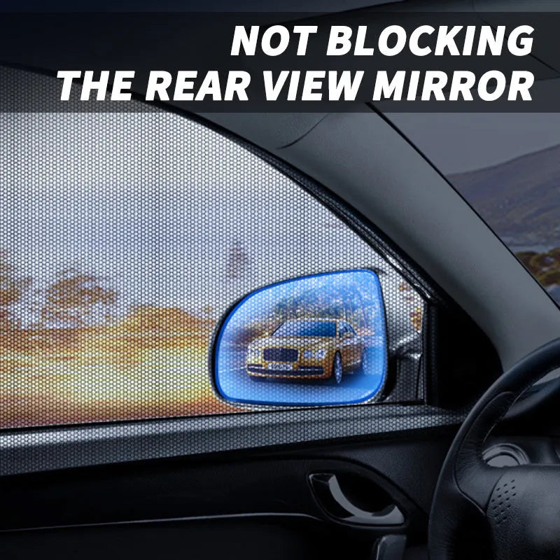 Car side window screen with double mesh installed on SUV window, showing elastic strip fixation