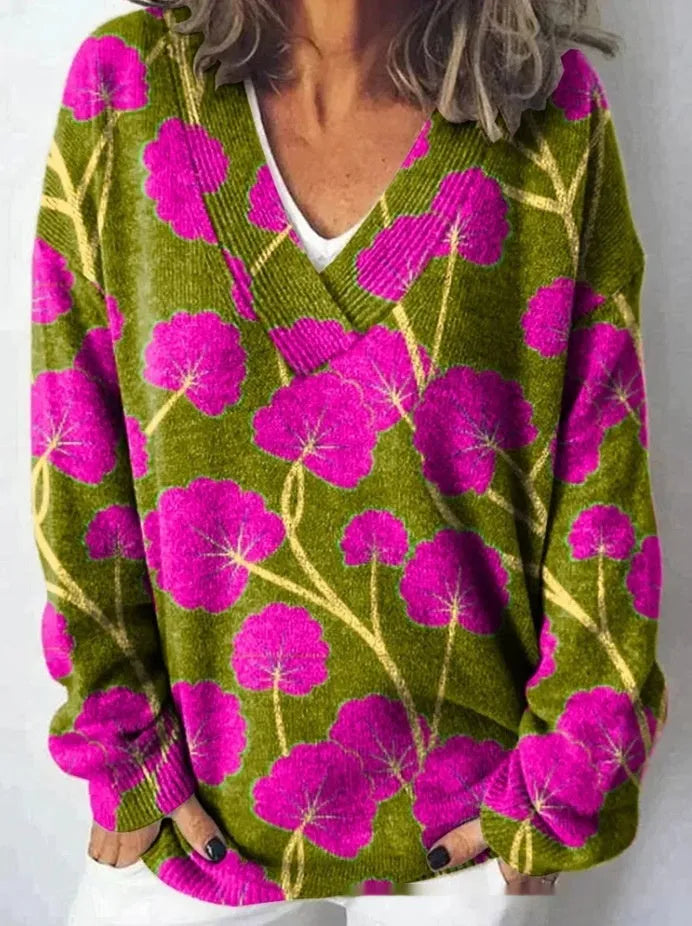 Women's floral pattern V-neck sweatshirt with 3D effect design in art retro style