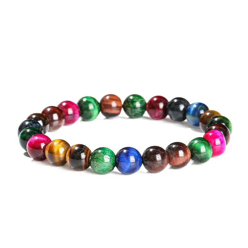 Women's natural Tiger Eye beaded bracelet with colourful mixed stones in round shapes.