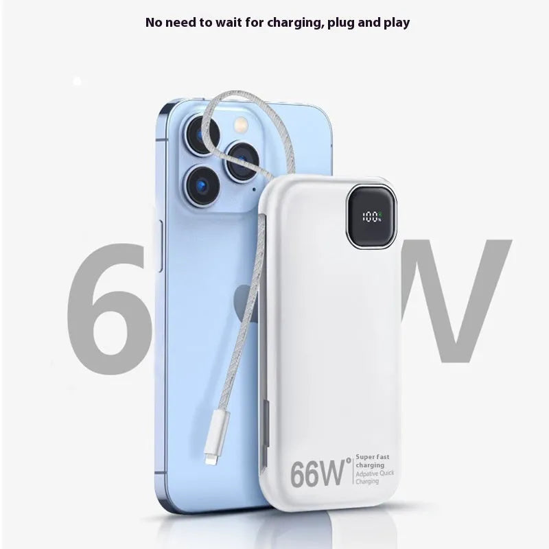 Black portable power bank with integrated charging cable, showing compact size and industrial design.