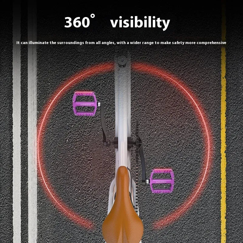 Pair of aluminium alloy bicycle pedals with integrated LED lights in multiple colour options