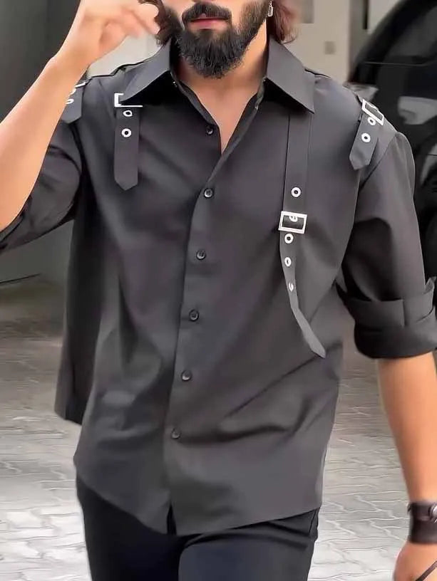 Men's black button-up utility shirt with regular fit, made from polyester, shown in a front view for daily wear