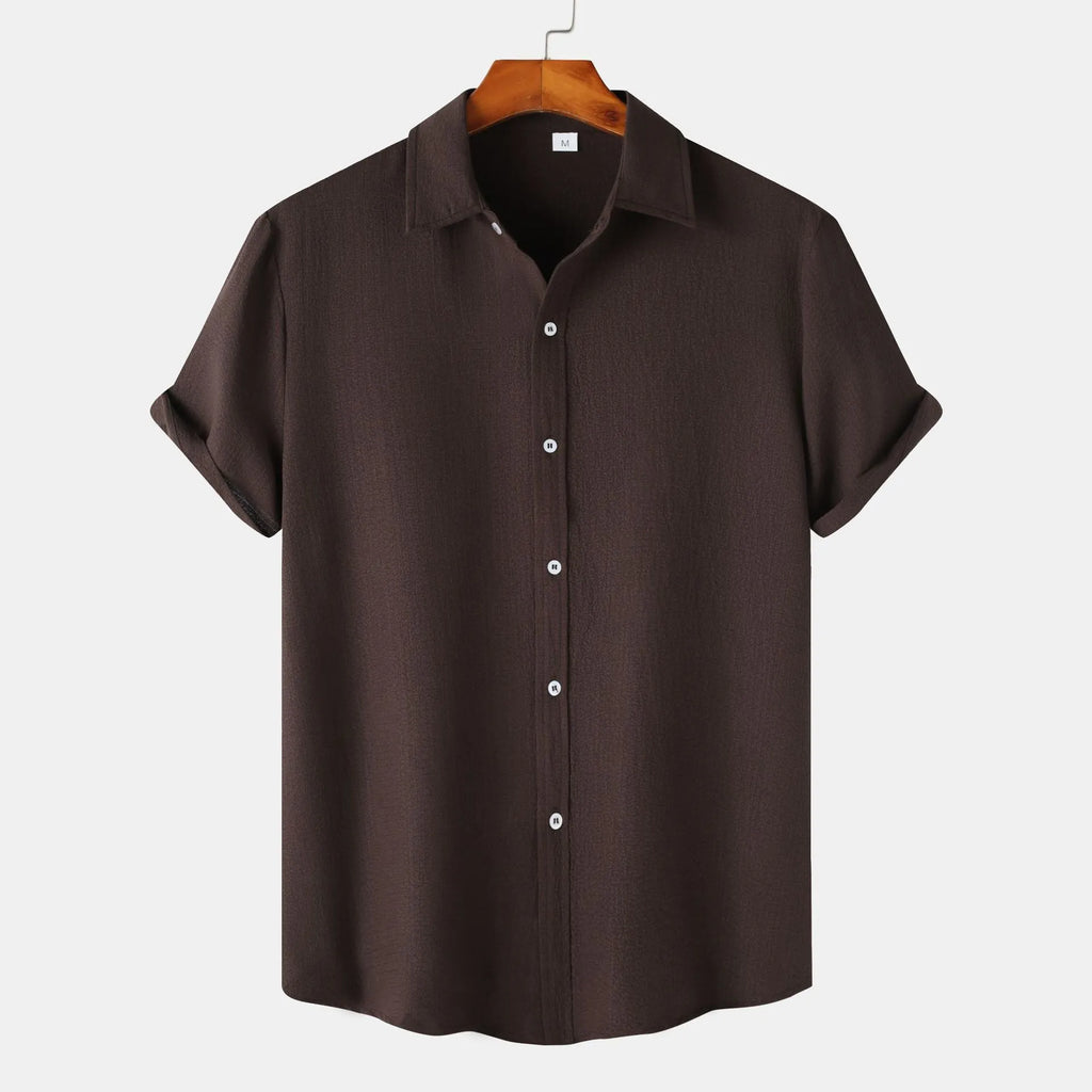 Men's casual short-sleeved cardigan shirt in polyester, shown in various colours and sizes.