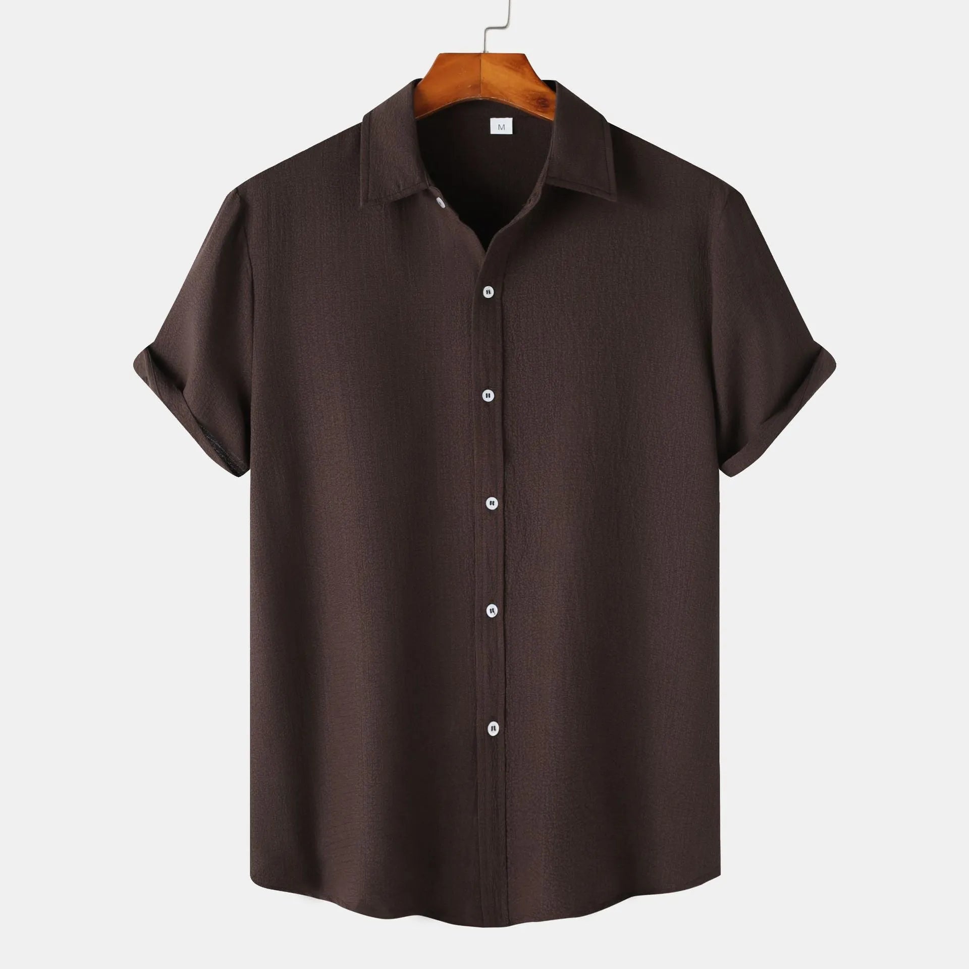 Men's casual short-sleeved cardigan shirt in polyester, shown in various colours and sizes.