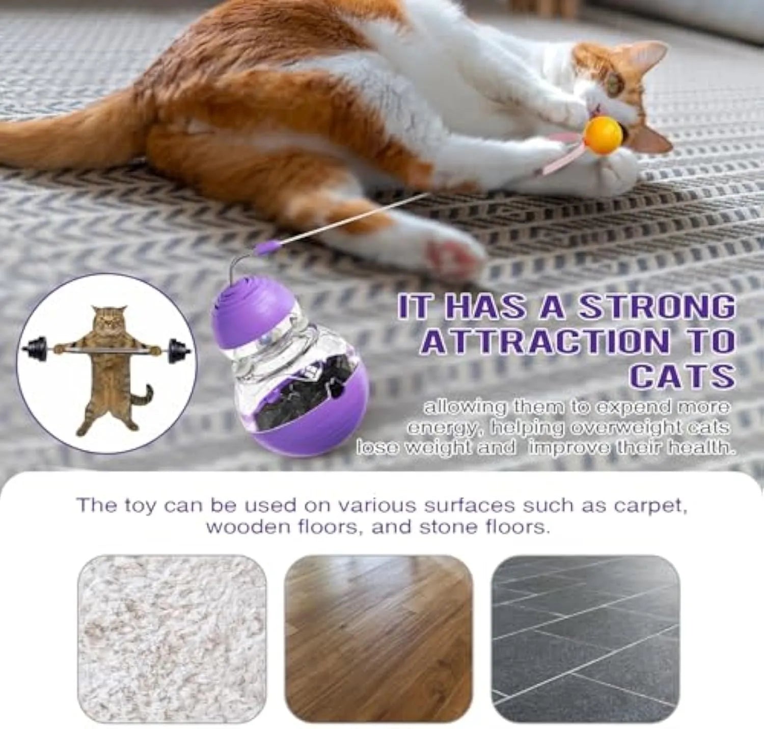 Pink interactive cat toy with tilting base, flexible teaser stick, and food dispenser compartment for indoor cats