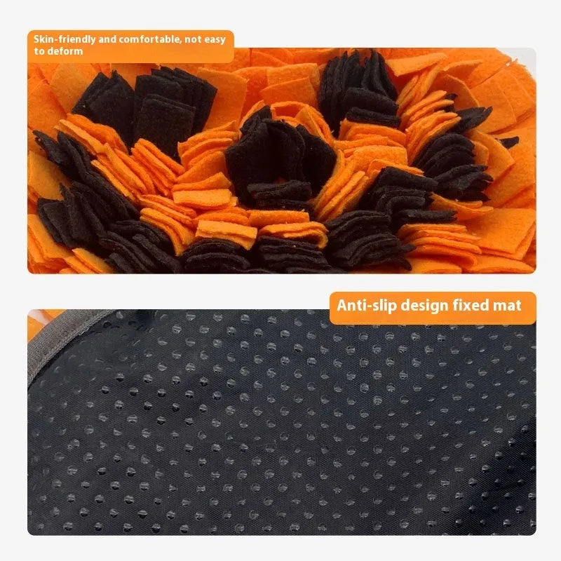 Orange pumpkin-shaped polar fleece pet lick mat for slow feeding and dog training.