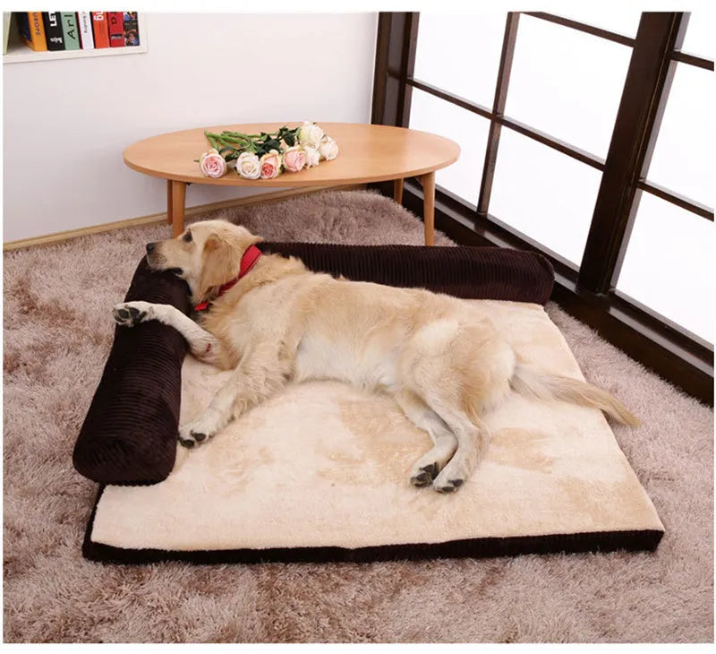Corduroy pet sofa bed in grey with high-density sponge padding and non-slip base, size L for pets under 60 kg