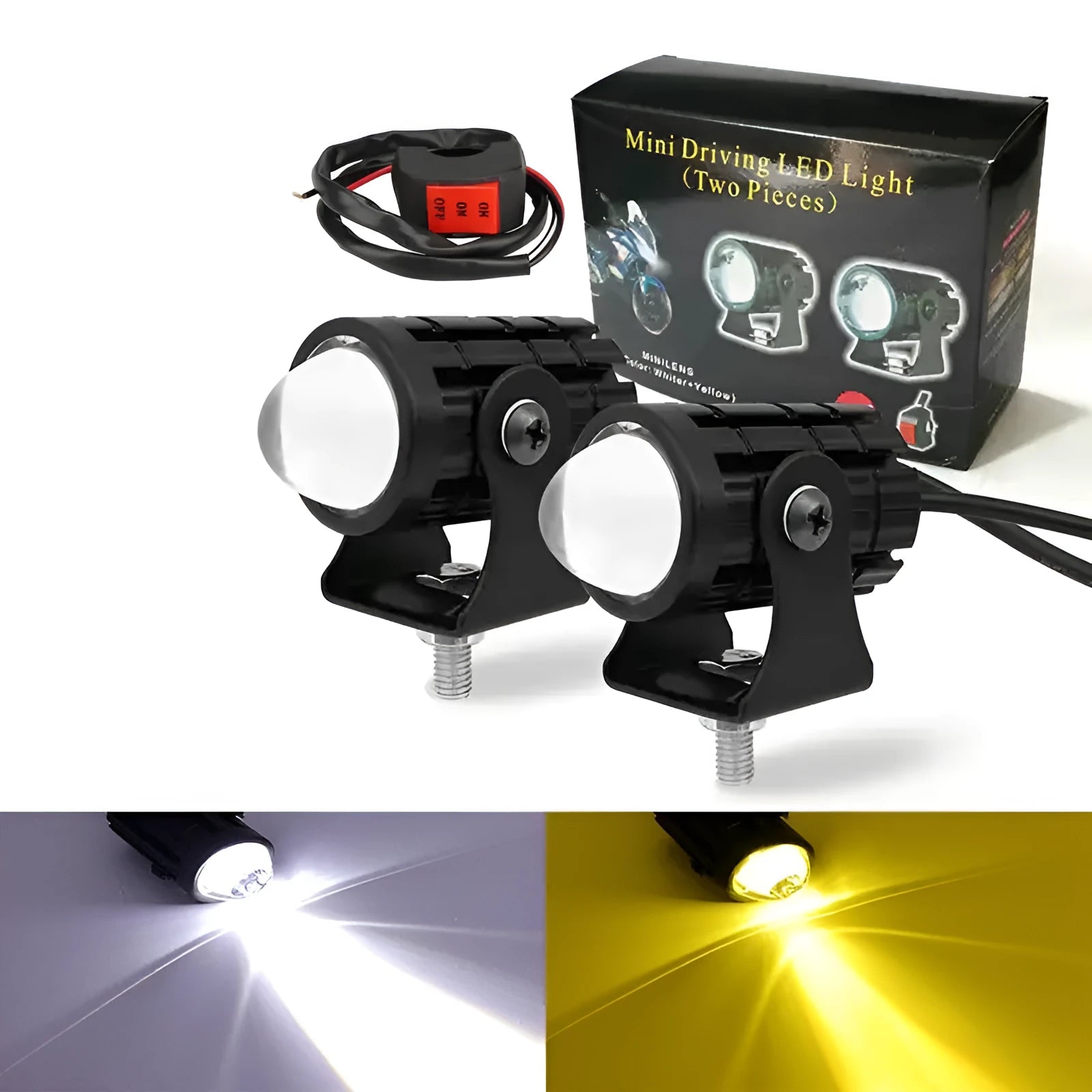 Aluminium PC motorcycle spotlights with dual-colour lens for white or yellow lighting options