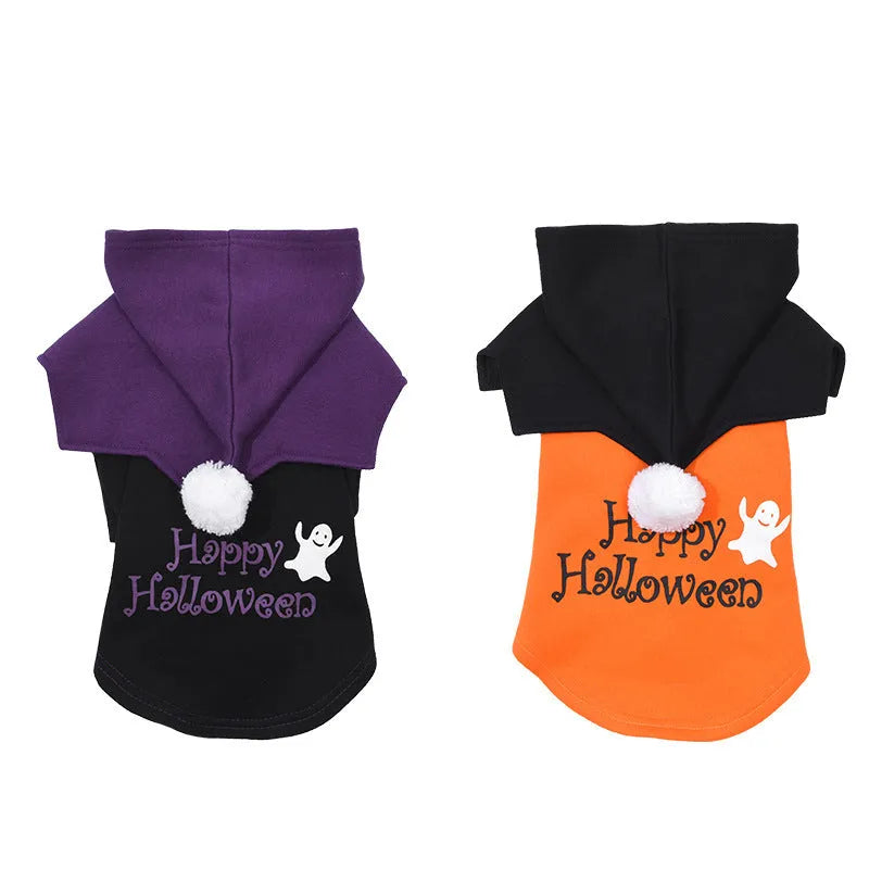 Black and orange two-piece Halloween dog costume with sweater and shawl