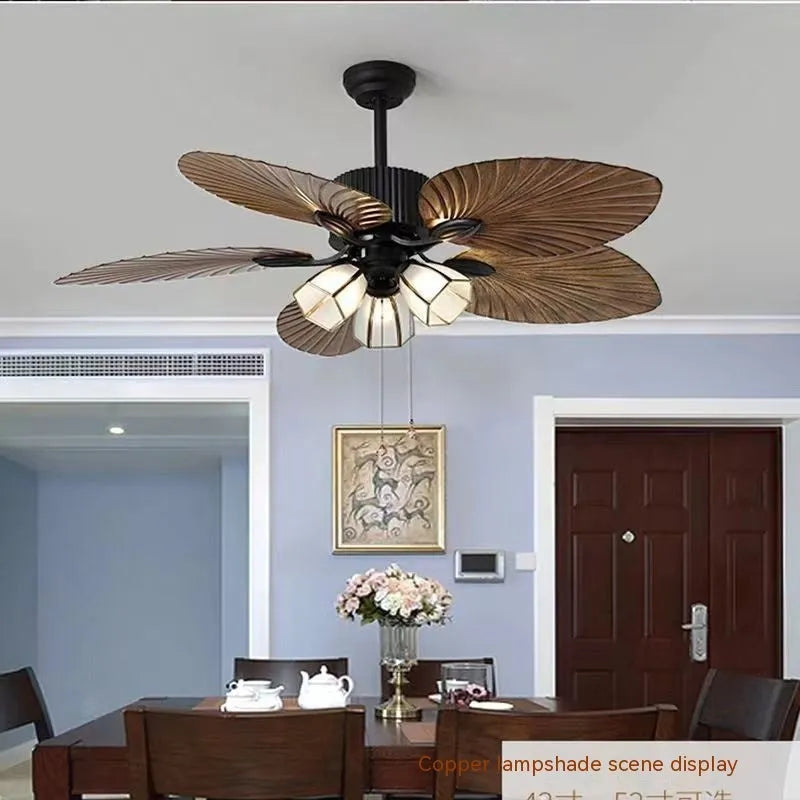 Retro-style ceiling fan light with wooden blades and three copper lampshades, mounted on a white ceiling.