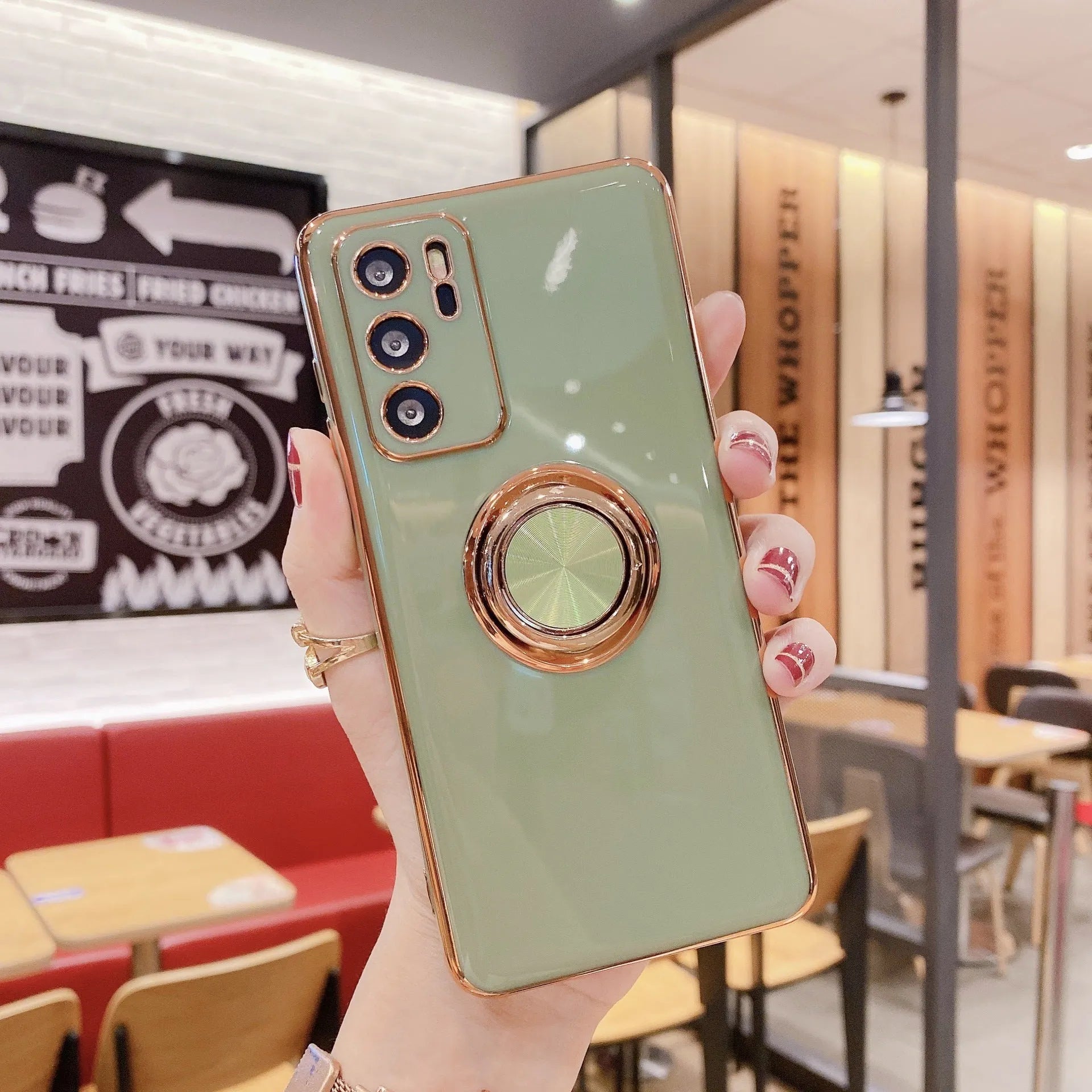 Huawei phone case with an integrated magnetic ring on the back in various colours.