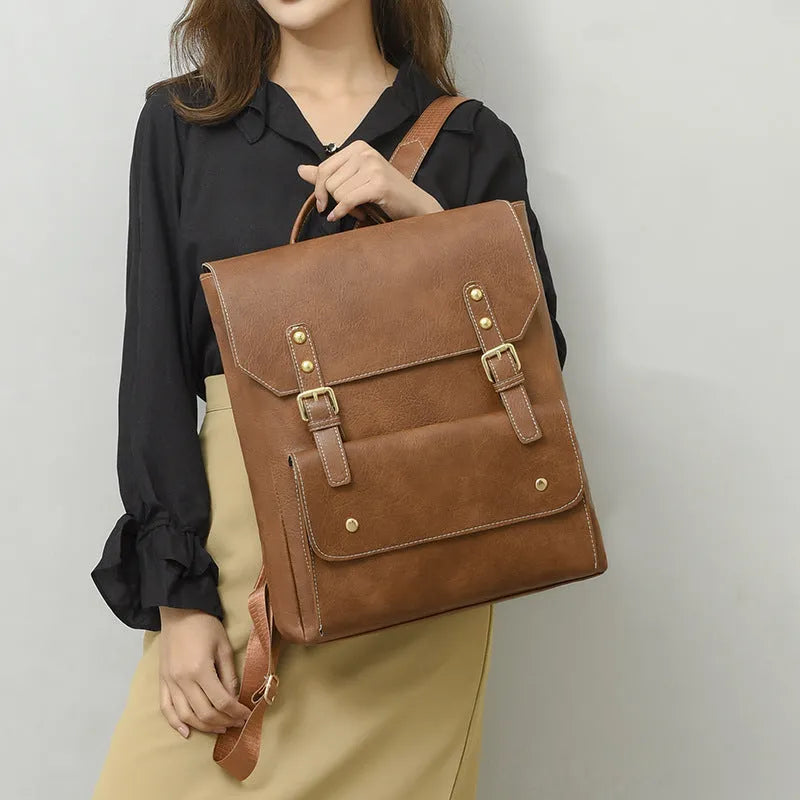 Korean style retro backpack in soft PU material with ventilation features and burden reduction design