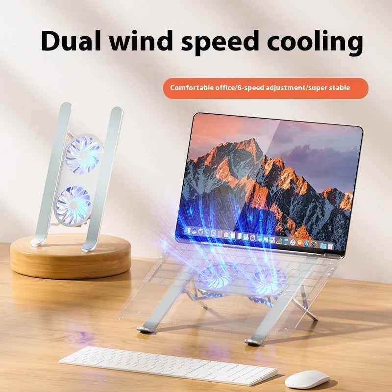 Silver aluminium laptop stand with twin cooling fans in folded position beside laptop