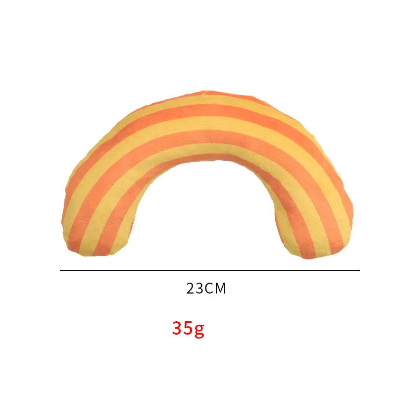 Striped pattern cat pillow toy with built-in catnip strip in green, rainbow, or yellow colour, measuring 23cm by 20cm