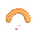 Striped pattern cat pillow toy with built-in catnip strip in green, rainbow, or yellow colour, measuring 23cm by 20cm