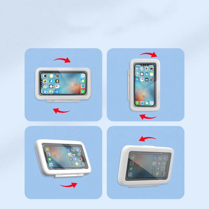 White waterproof bathroom phone holder mounted on tile with phone visible through anti-fog window