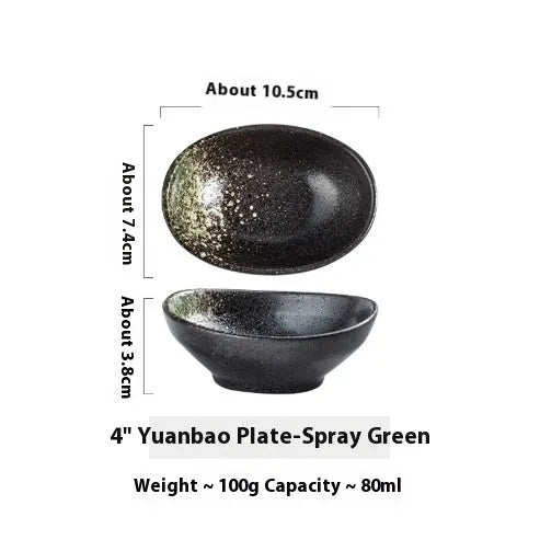 Oval Japanese ceramic sauce dipping bowl with underglaze pattern, measuring 9cm x 6cm x 4cm