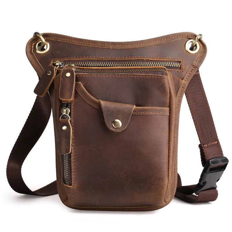 Crazy horse leather satchel bag with adjustable shoulder strap showing 30cm wide structured compartment