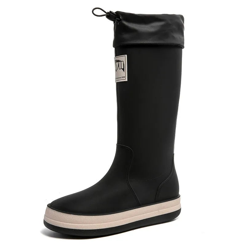 PVC platform high tube waterproof rain boots in beige colour with non-slip sole
