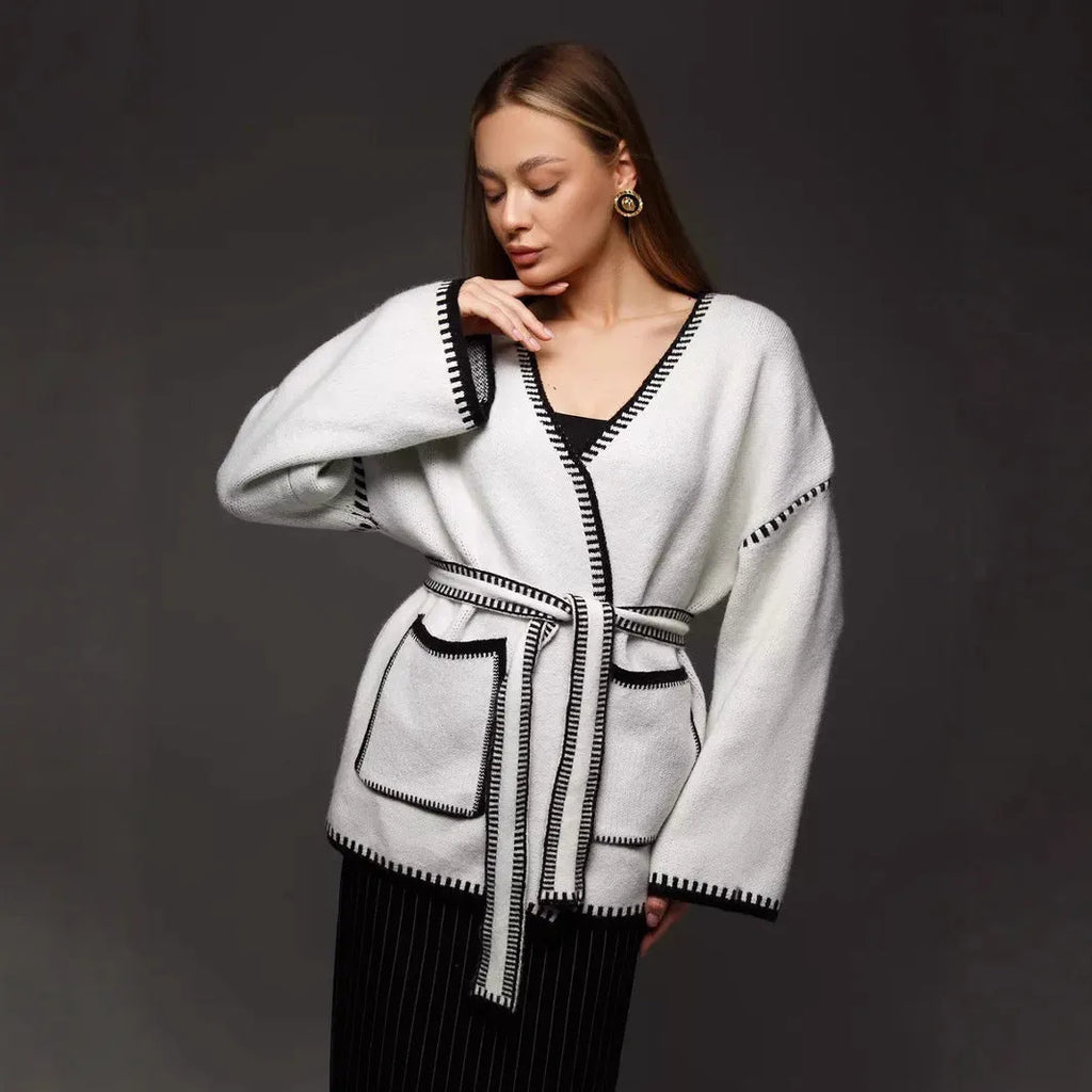 Lace-up front knitted cardigan in imitation cashmere fabric with 50cm body length and long sleeves