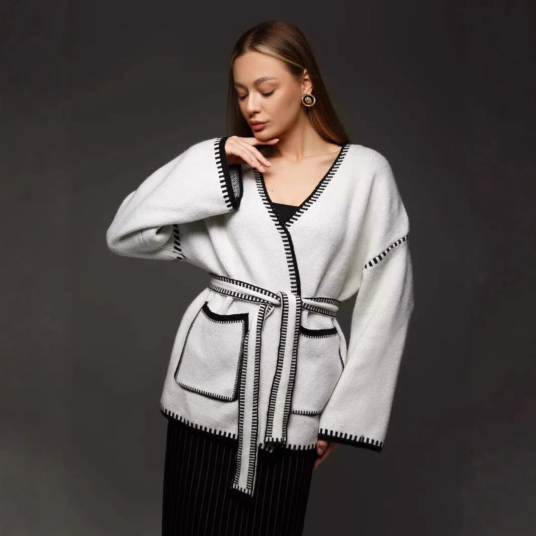 Lace-up front knitted cardigan in imitation cashmere fabric with 50cm body length and long sleeves