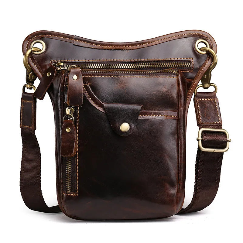 Crazy horse leather satchel bag with adjustable shoulder strap showing 30cm wide structured compartment
