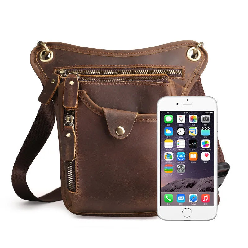 Crazy horse leather satchel bag with adjustable shoulder strap showing 30cm wide structured compartment