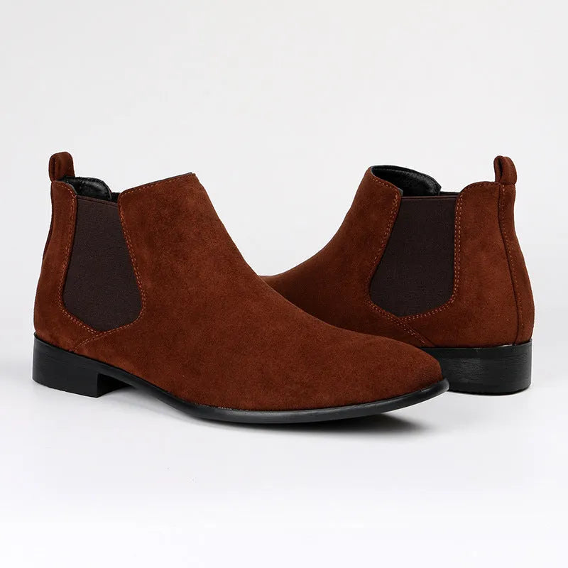 Men's square toe short boots in beige, black or brown, faux leather upper with wedge heel and PVC sole, sizes 40-50