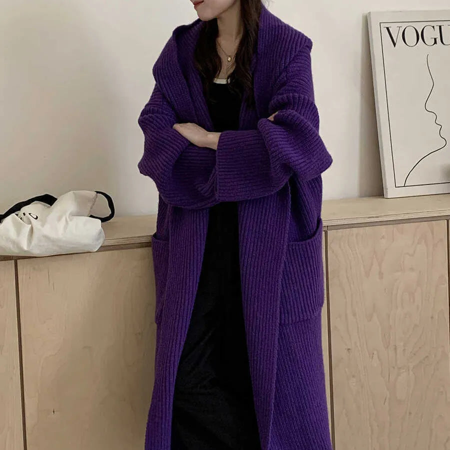 Women's loose grey hooded cardigan coat with raglan sleeves, 80cm length