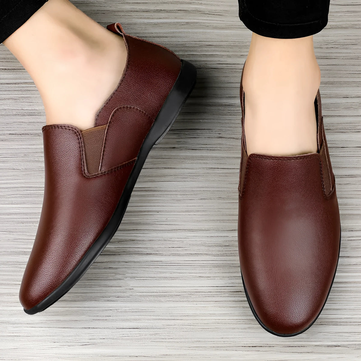Men's black leather business casual shoes with round toe and breathable construction
