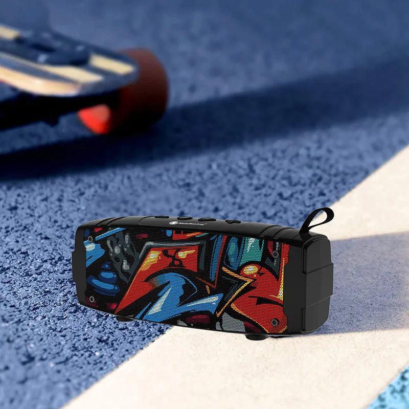 Portable Bluetooth speaker showing colour options: black, blue, camouflage, graffiti, hip hop, and red