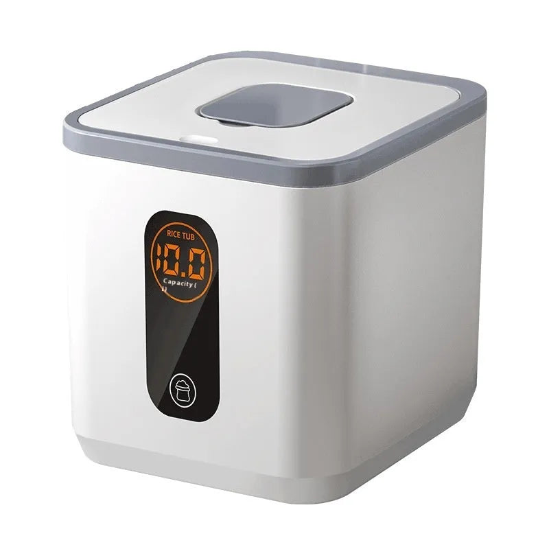 Grey plastic rice storage jar with sealed lid and measuring cup for 10kg 20kg or 30kg capacity