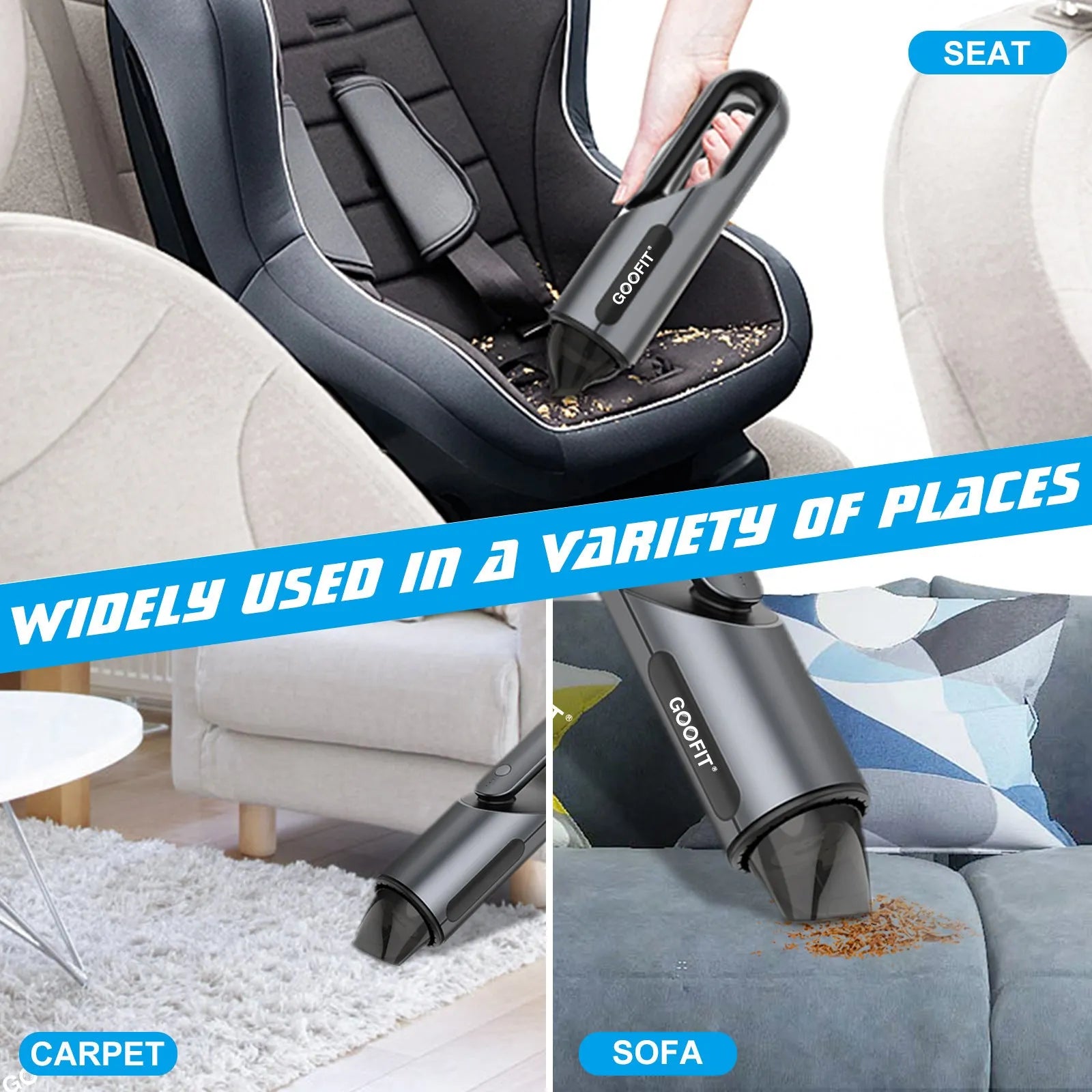 Black portable wireless handheld car vacuum cleaner with brush and flat attachments for vehicle interior cleaning