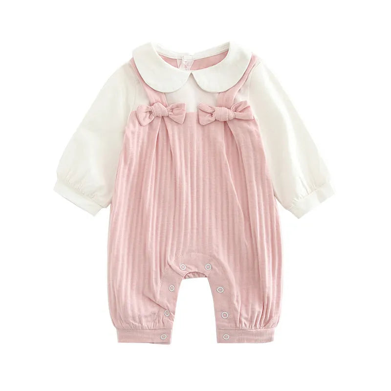 Pink embroidered cotton jumpsuit for baby girl with long sleeves and single-breasted closure