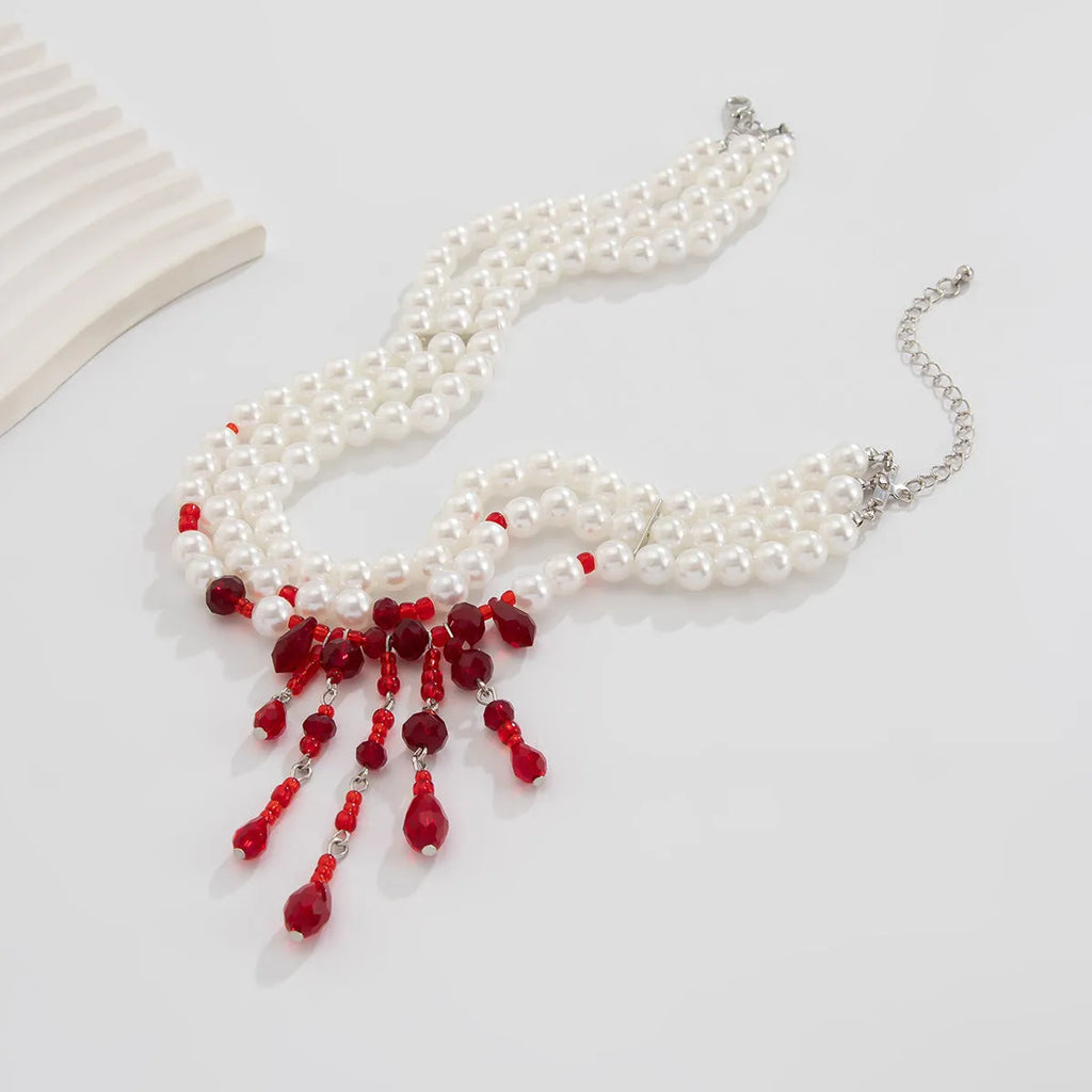Halloween blood drop tassel necklace with artificial crystal pendant and imitation pearl accents on adjustable chain