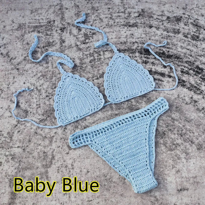 Handmade crochet bikini set with matching beach skirt in blue colour, showing three separate pieces