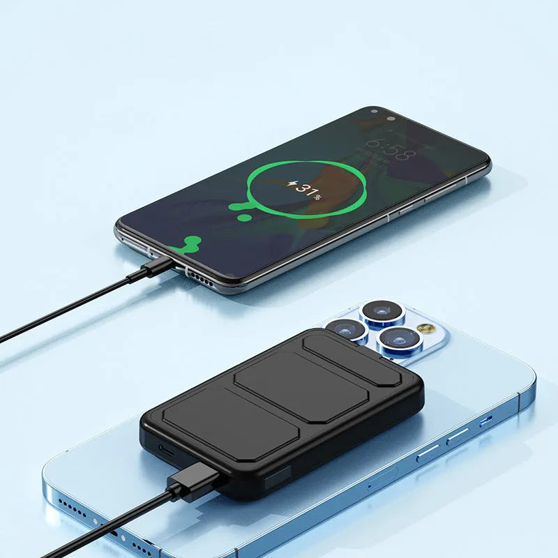 Magnetic suction wireless charging power bank with folding bracket in various colours.
