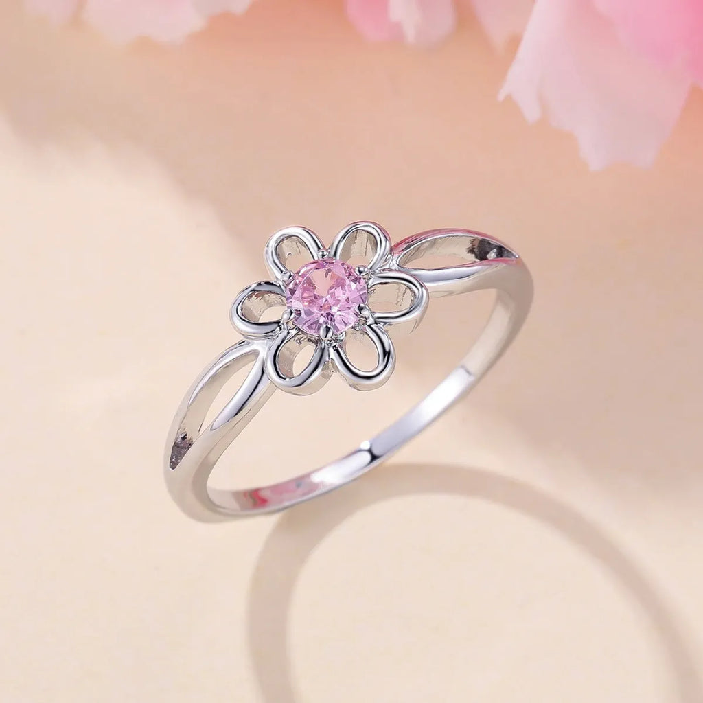 Women's copper fashion ring with hollowed flower design in platinum pink diamond colour