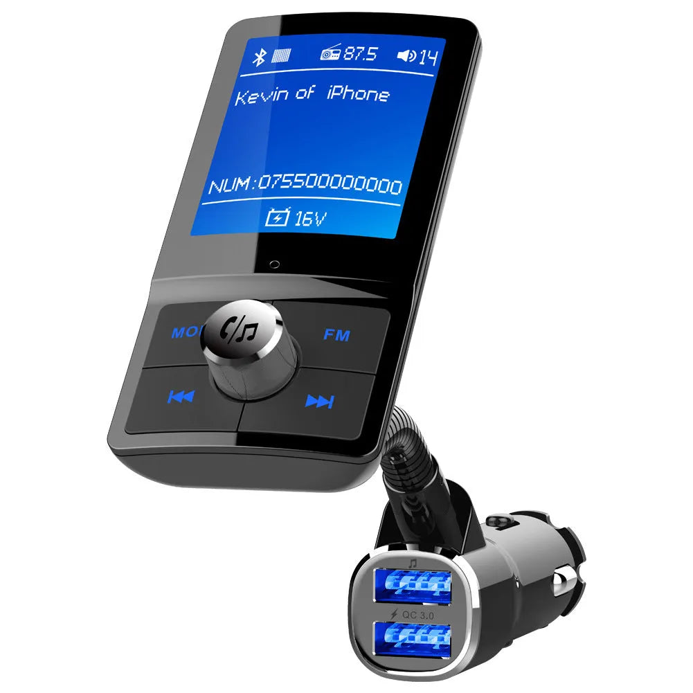Black car speakerphone FM transmitter with LCD display, USB ports, and Bluetooth hands-free calling