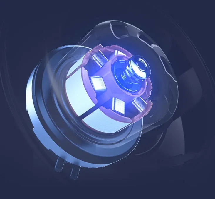 Blue foldable table fan with LED light showing 300° rotation angle and Type-C charging port