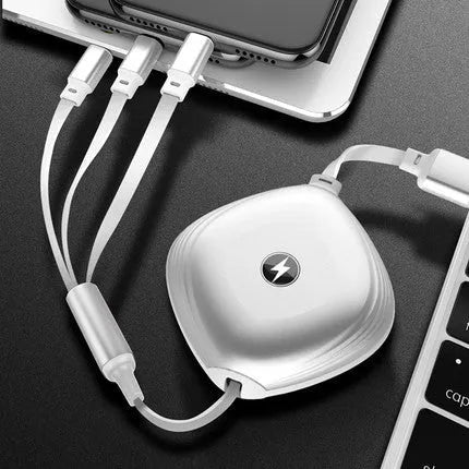 3-in-1 telescopic charging cable with TPE-coated 120cm wire and titanium alloy connectors in multiple colour options