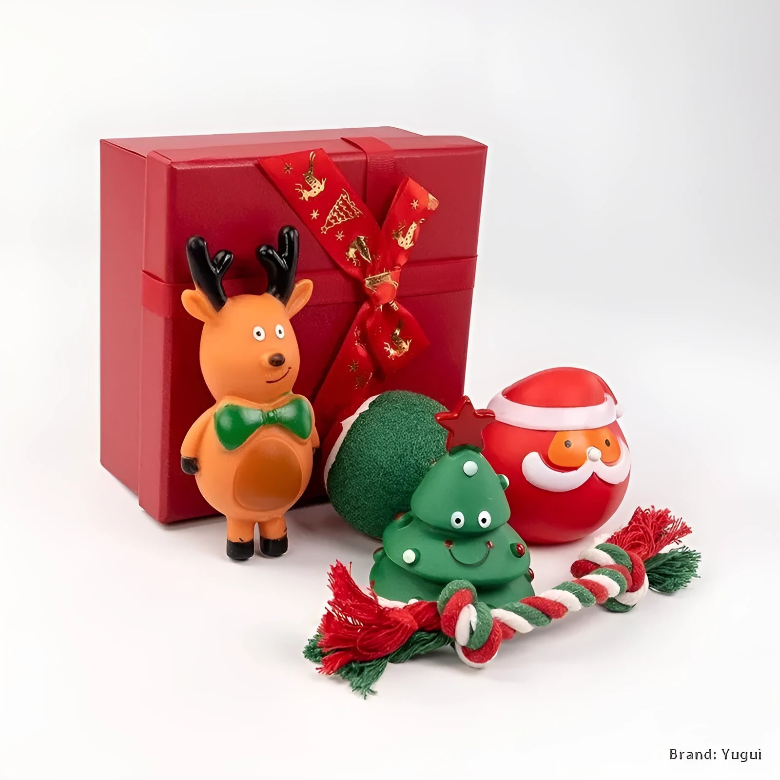 Seven sets of Christmas-themed vinyl dog toys including barbells, balls, ropes, and Santa figures.