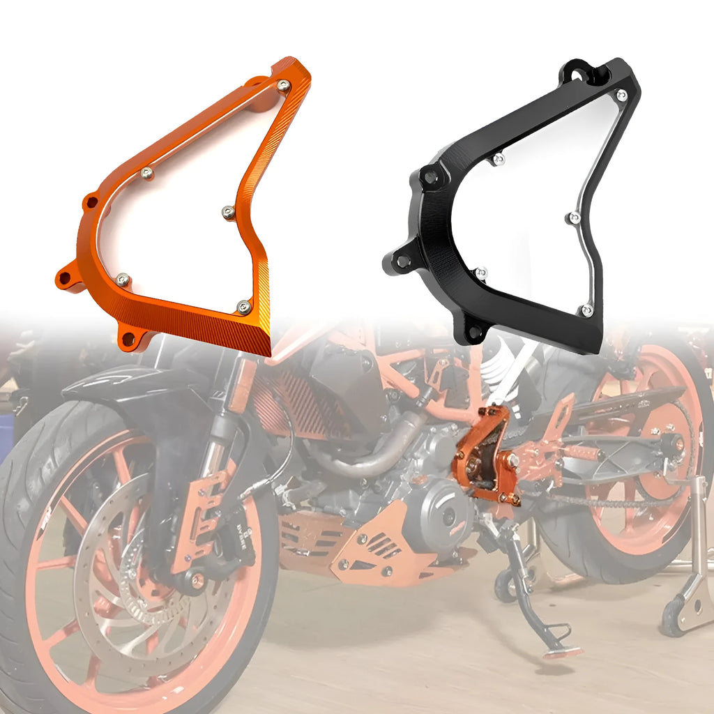 KTM Duke motorcycle replacement chain cover in black or orange for 2017-2020 models