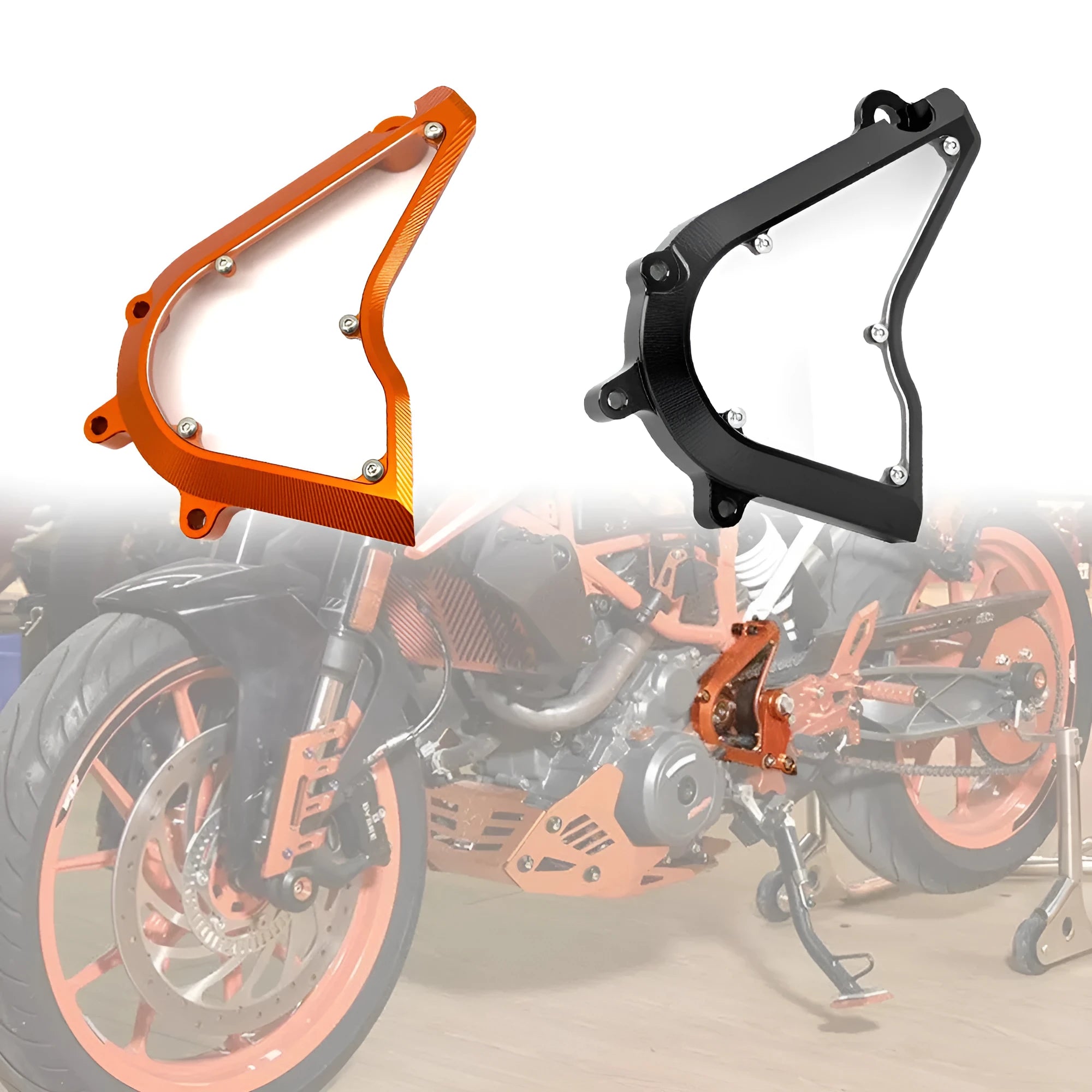 KTM Duke motorcycle replacement chain cover in black or orange for 2017-2020 models