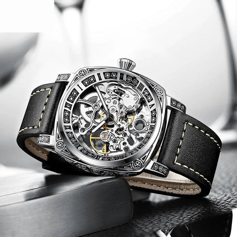 Men's mechanical business watch with 43mm dial, 14mm thick metal case, black leather strap, 30M water resistant