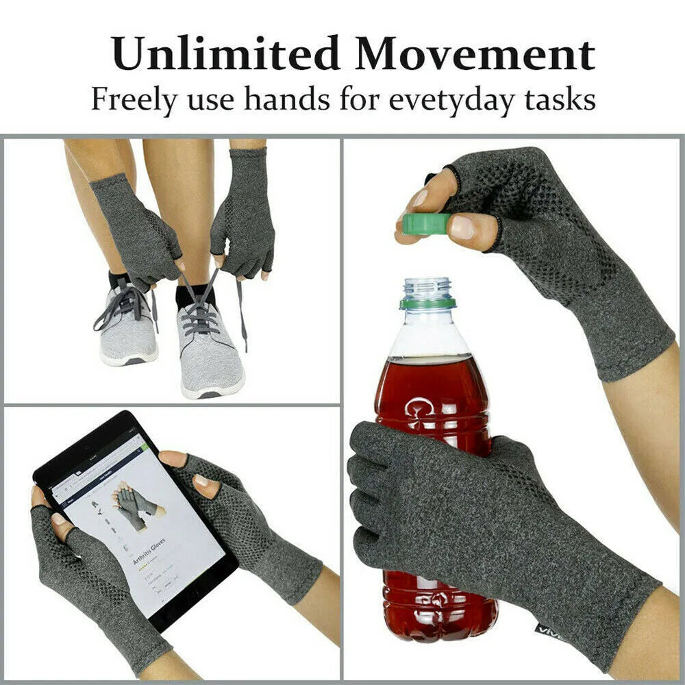 Gray joint compression gloves with anti-slip silicone grips and half-finger design for arthritis support